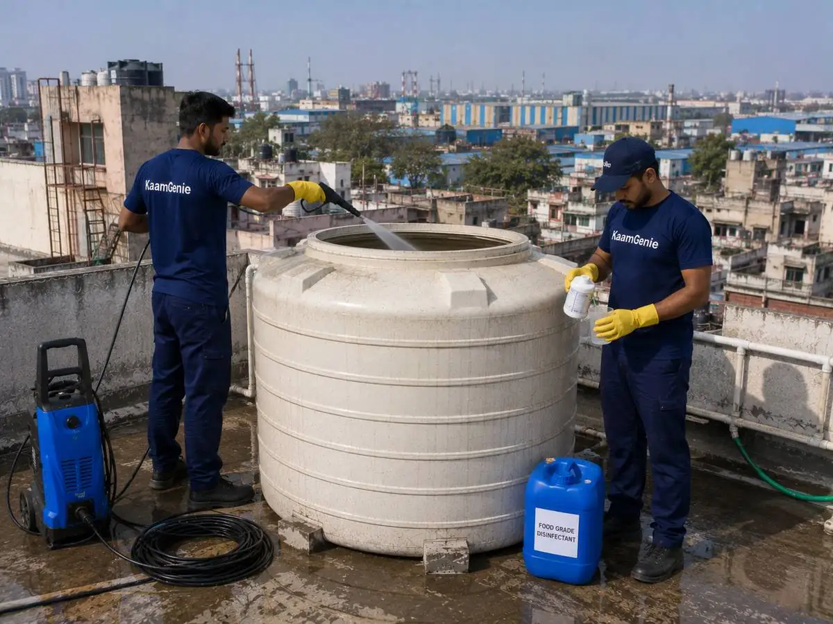 KaamGenie crew cleaning a water tank in Mayapuri, West Delhi