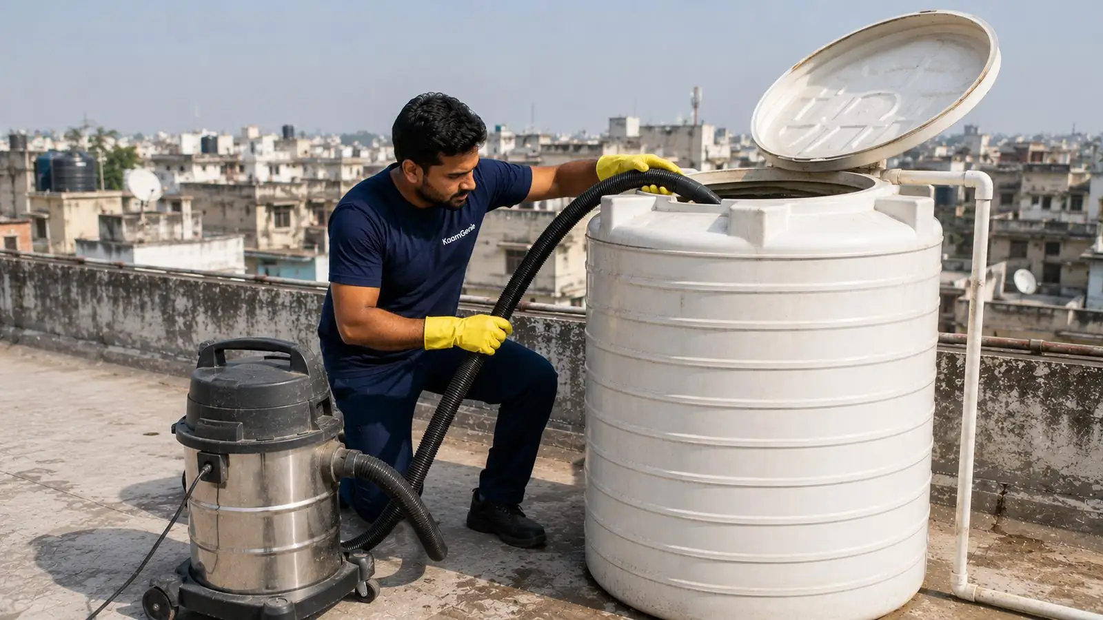KaamGenie crew cleaning a water tank in Mayur Vihar Phase 3, East Delhi