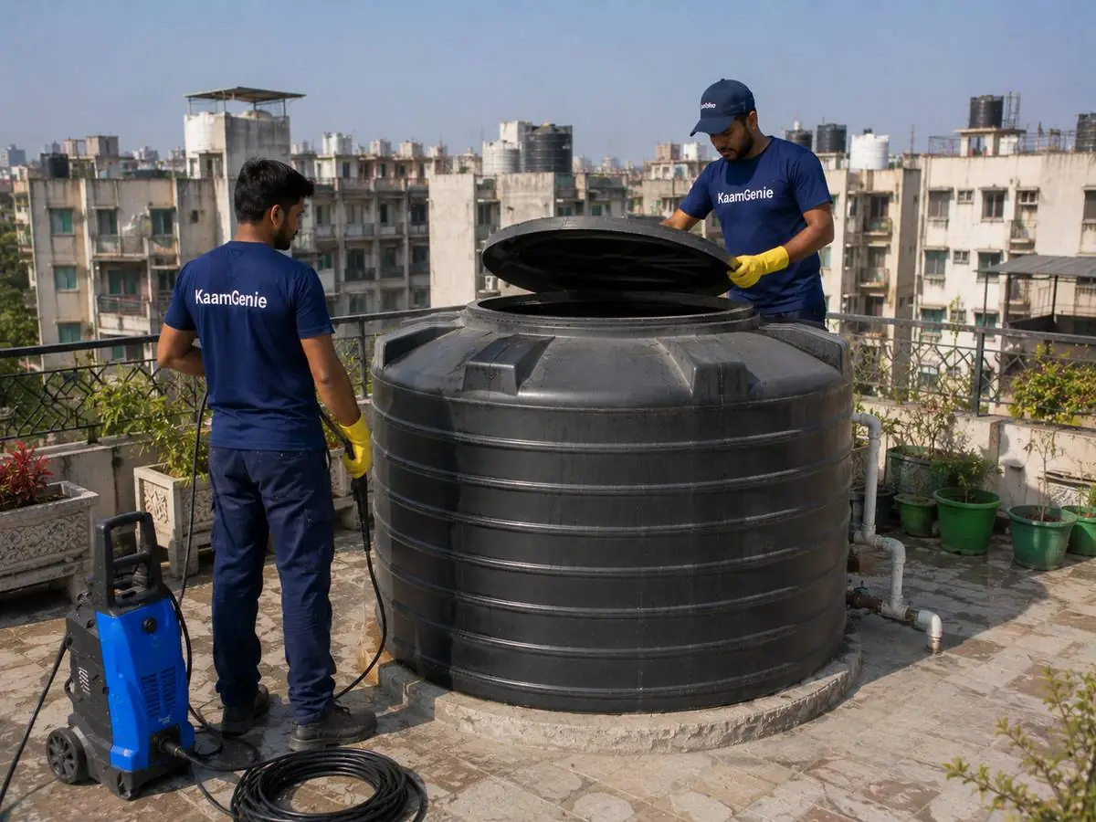 KaamGenie crew cleaning a water tank in Mayur Vihar, East Delhi