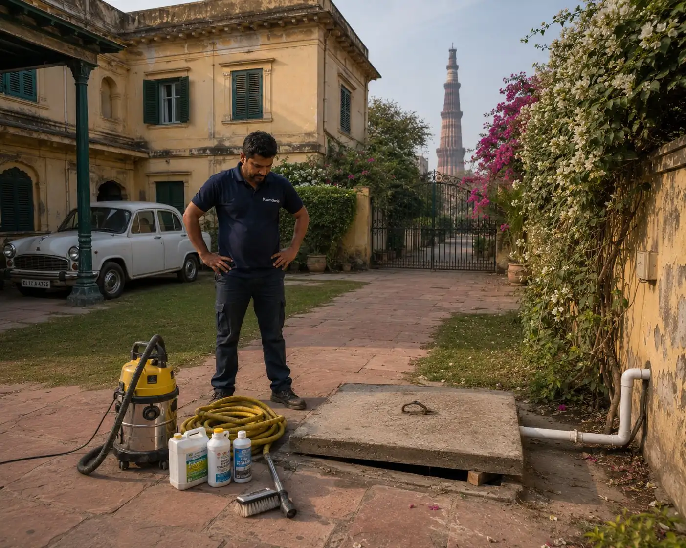 KaamGenie crew with underground water sump cleaning equipment in the front yard of an old Mehrauli kothi near Qutub Minar