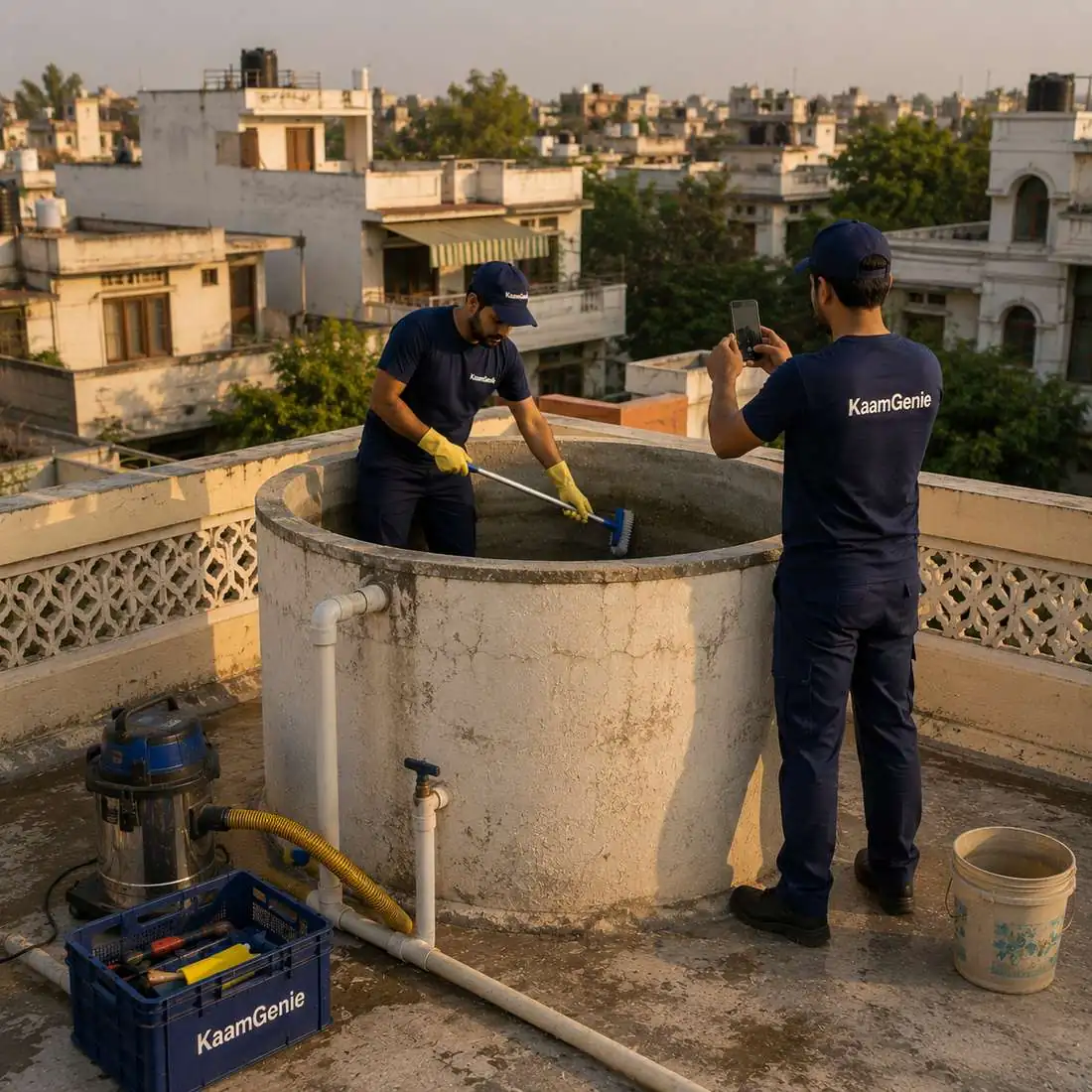 KaamGenie crew cleaning a water tank in Model Town, West Delhi