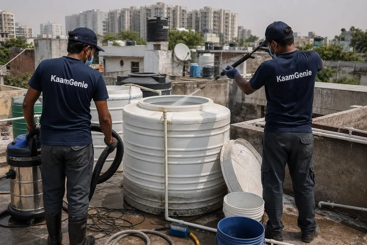 KaamGenie crew cleaning a water tank in Mohammadpur, Delhi