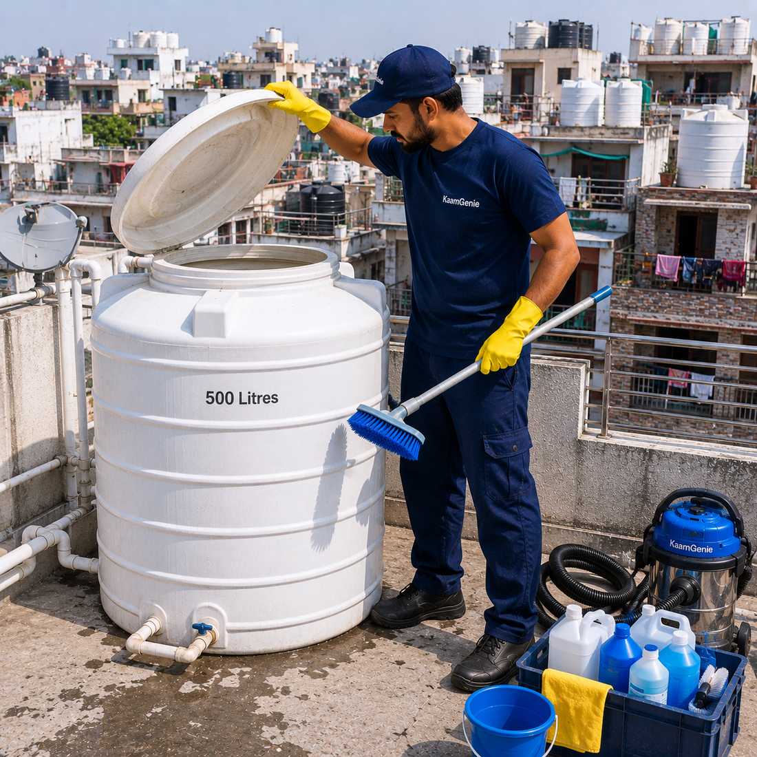 KaamGenie crew cleaning a water tank in Mohan Garden, West Delhi