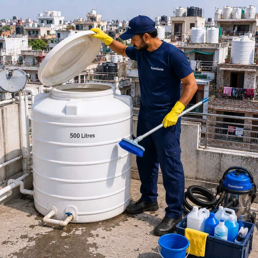 KaamGenie crew cleaning a water tank in Mohan Garden, West Delhi