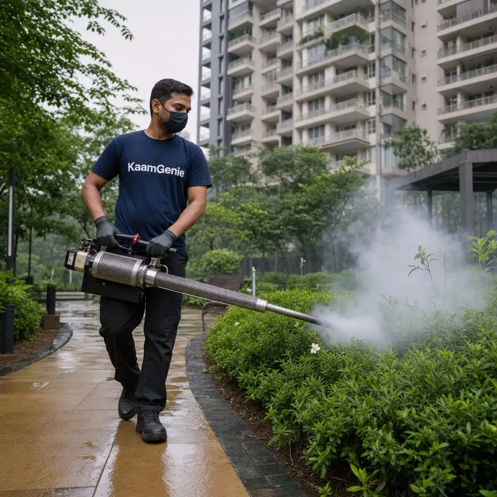 KaamGenie technician operating a thermal fogger machine in a Delhi society garden during monsoon