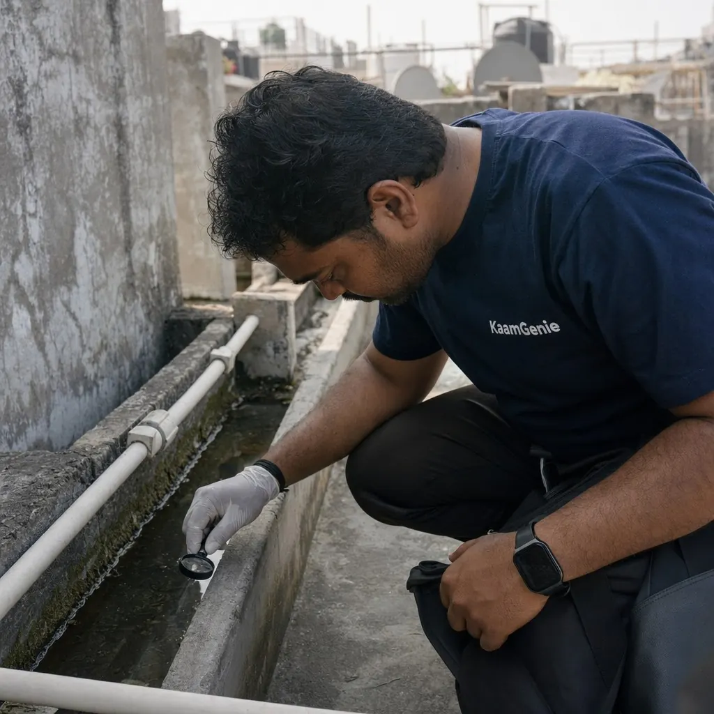 KaamGenie technician applying gel bait inside a Delhi kitchen cabinet during the July cockroach surge