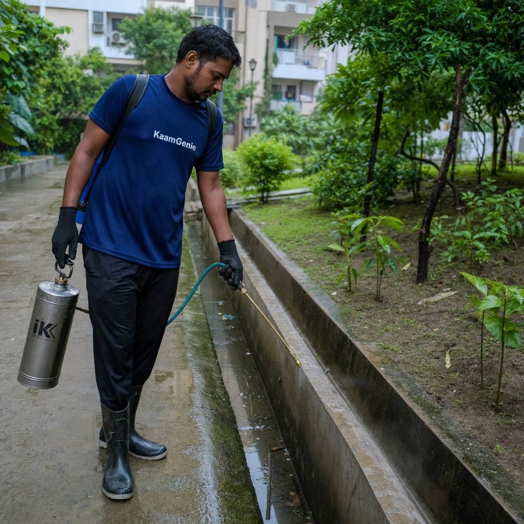 KaamGenie technician operating a thermal fogging machine in a Delhi society garden during peak monsoon