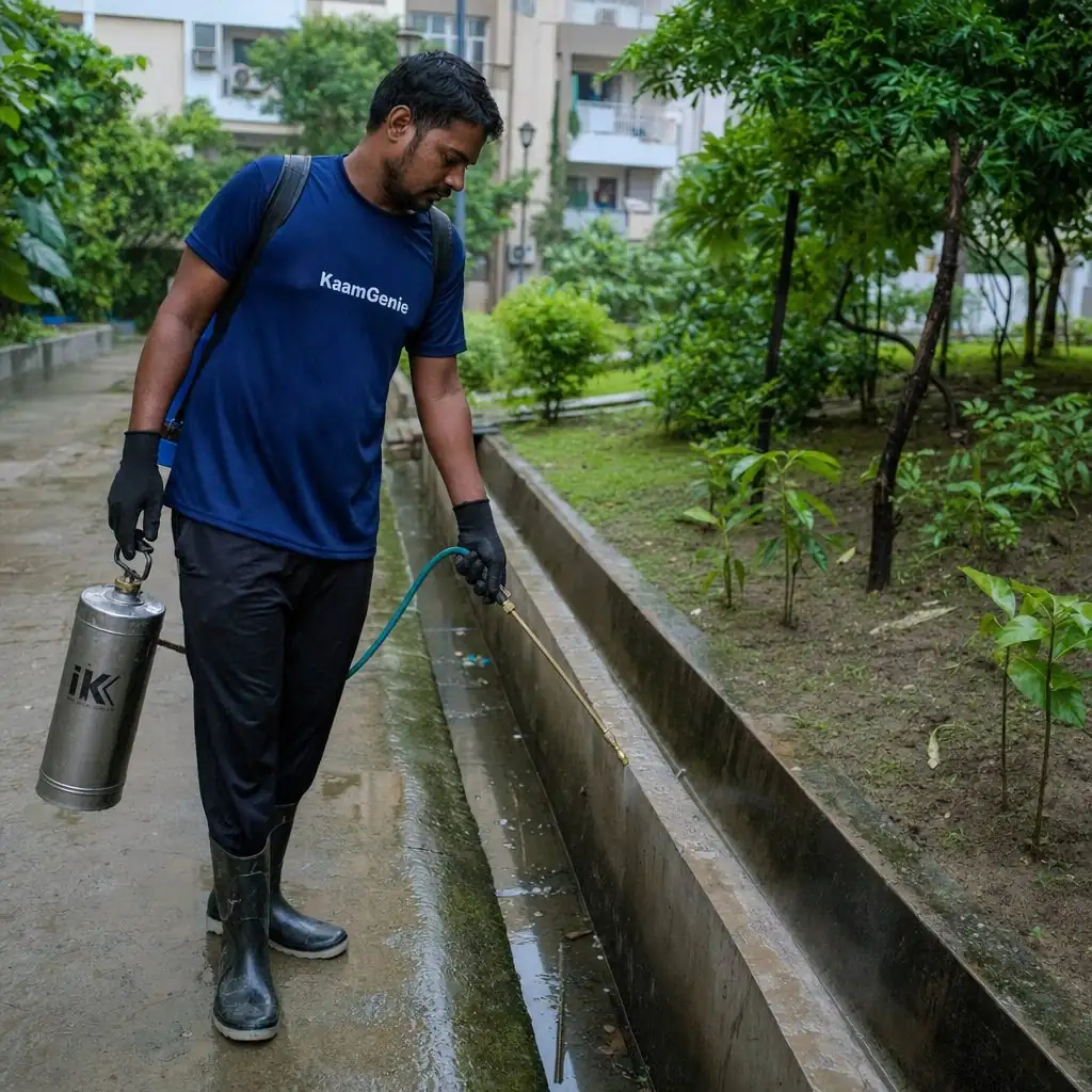 KaamGenie technician operating a thermal fogging machine in a Delhi society garden during peak monsoon