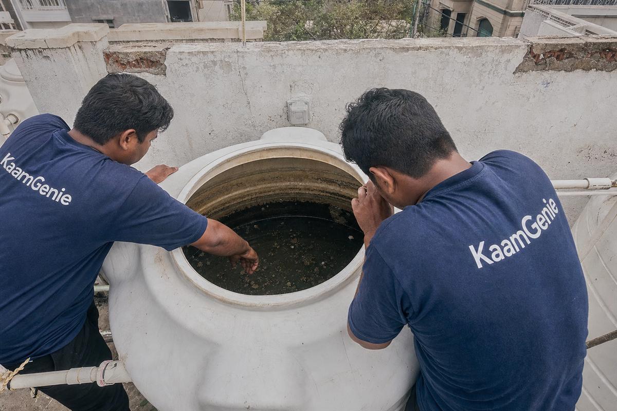 Murky, contaminated brown water inside a Delhi rooftop tank after heavy monsoon rain