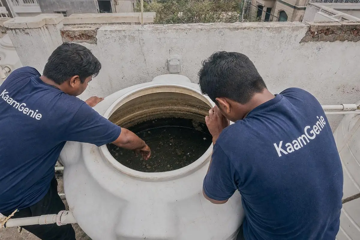 Murky, contaminated brown water inside a Delhi rooftop tank after heavy monsoon rain