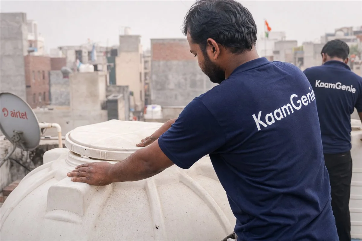 A KaamGenie worker in a navy shirt sealing a rooftop water tank lid tightly after cleaning in Delhi