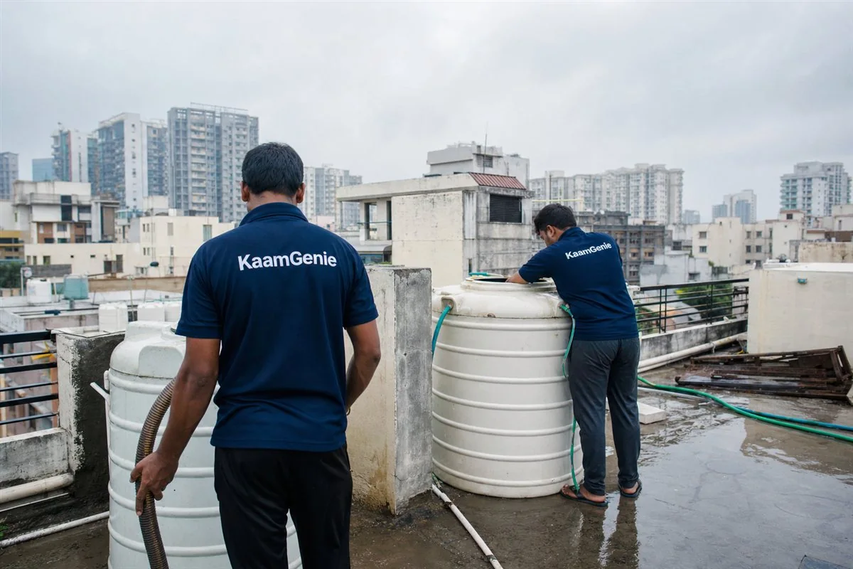 Two KaamGenie workers in navy shirts cleaning a rooftop water tank on a wet Gurgaon terrace under a cloudy monsoon sky, towers in the background