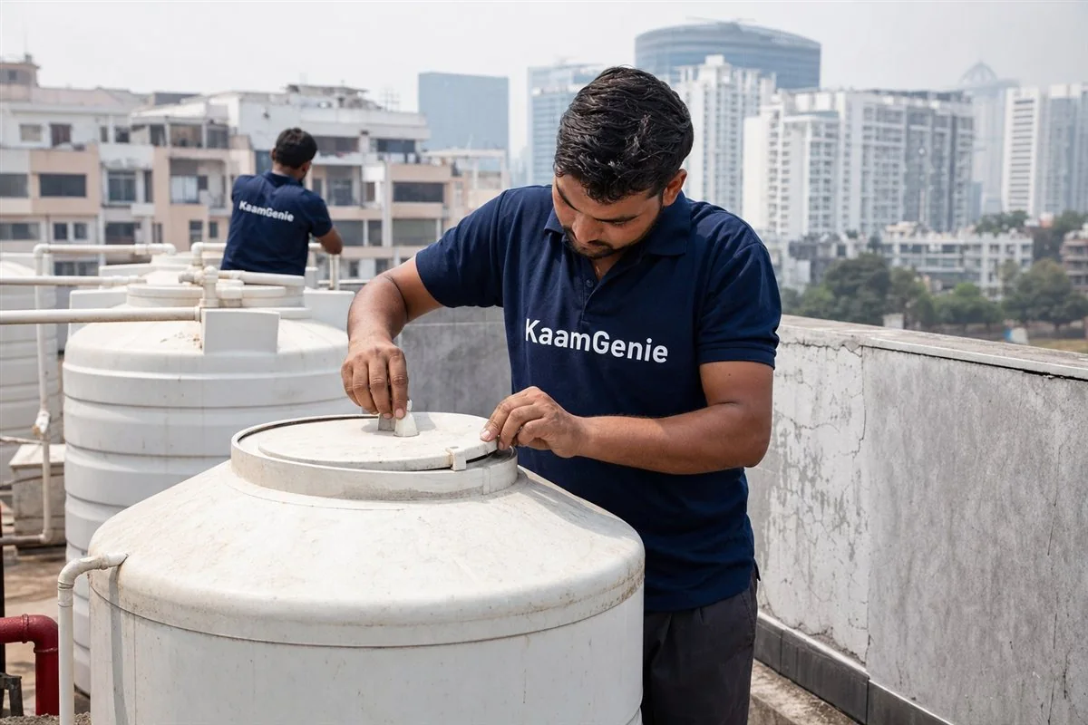 A KaamGenie worker in a navy shirt firmly sealing and tightening the lid of a freshly cleaned rooftop water tank in Gurgaon