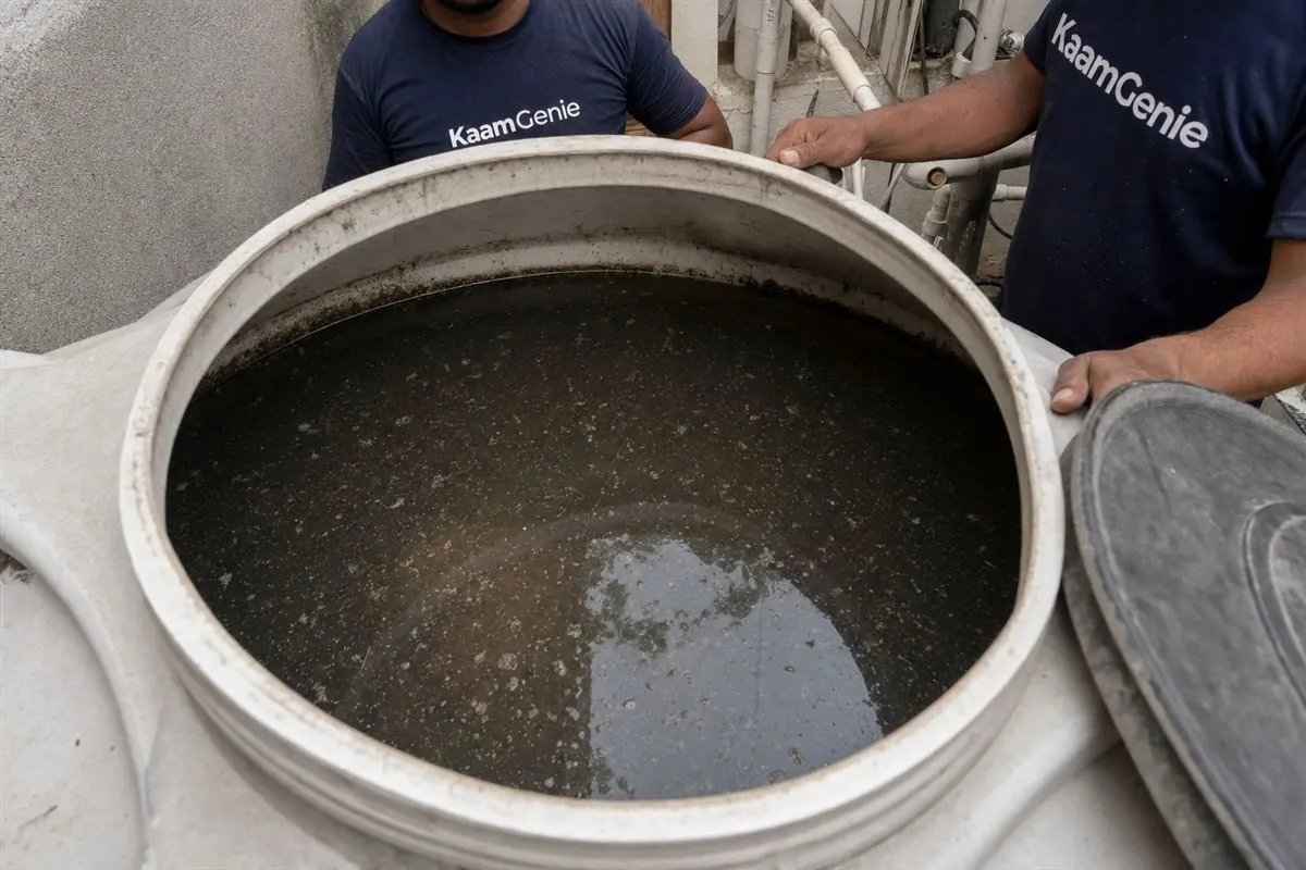 Murky, contaminated water inside a Noida rooftop tank after the monsoon rains, sediment clouding the surface