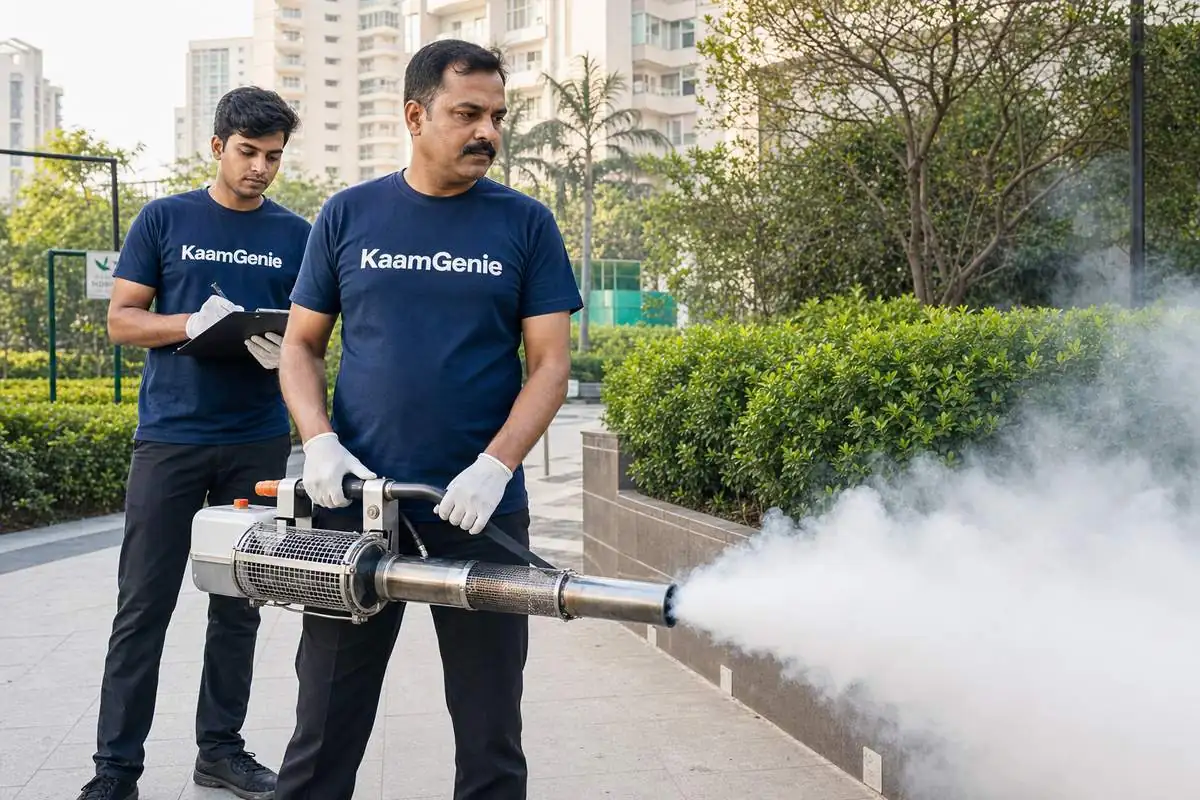 KaamGenie technician operating a thermal fogger machine outside a Delhi residential society for mosquito control