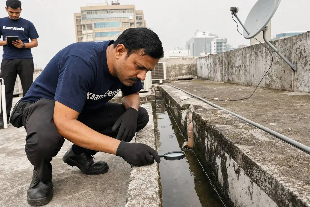 KaamGenie technician inspecting standing water in a Delhi rooftop drain for mosquito larvae