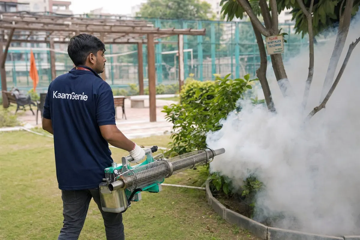 KaamGenie technician thermal-fogging a Delhi society lawn for mosquito control before the dengue season