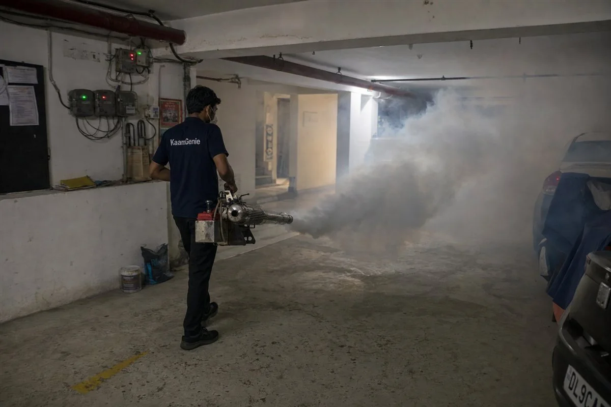 KaamGenie technician thermal-fogging a Delhi bungalow garden and boundary hedge for mosquito control