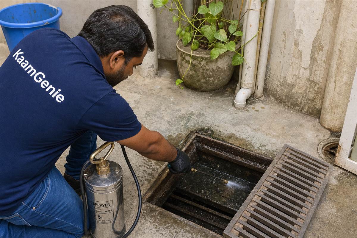 KaamGenie crew fogging a Delhi society common area and central park during dengue season as an RWA group booking