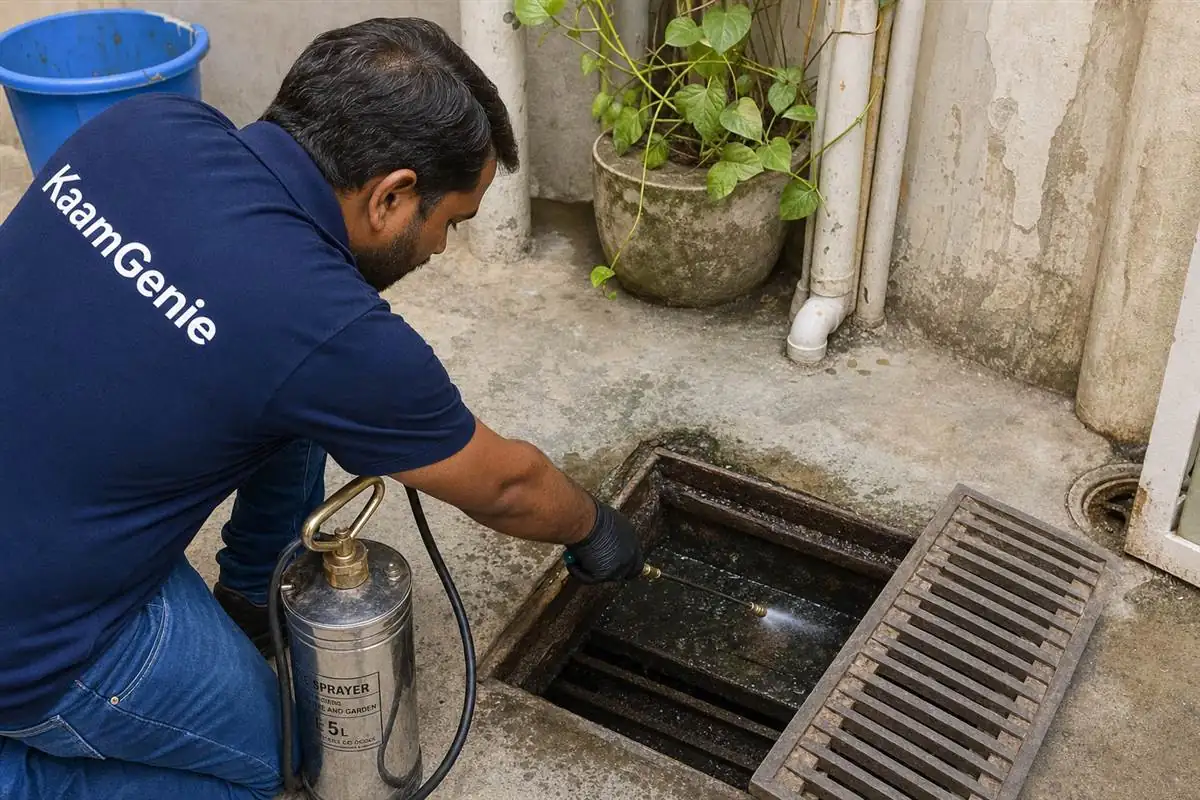 KaamGenie crew fogging a Delhi society common area and central park during dengue season as an RWA group booking