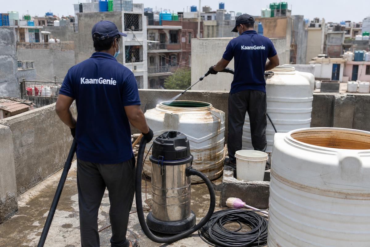 KaamGenie crew cleaning a water tank in Mujeeb Bagh, Delhi