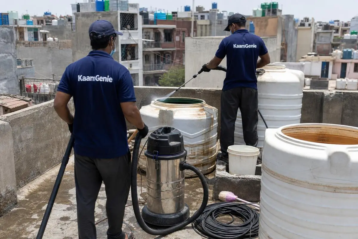 KaamGenie crew cleaning a water tank in Mujeeb Bagh, Delhi