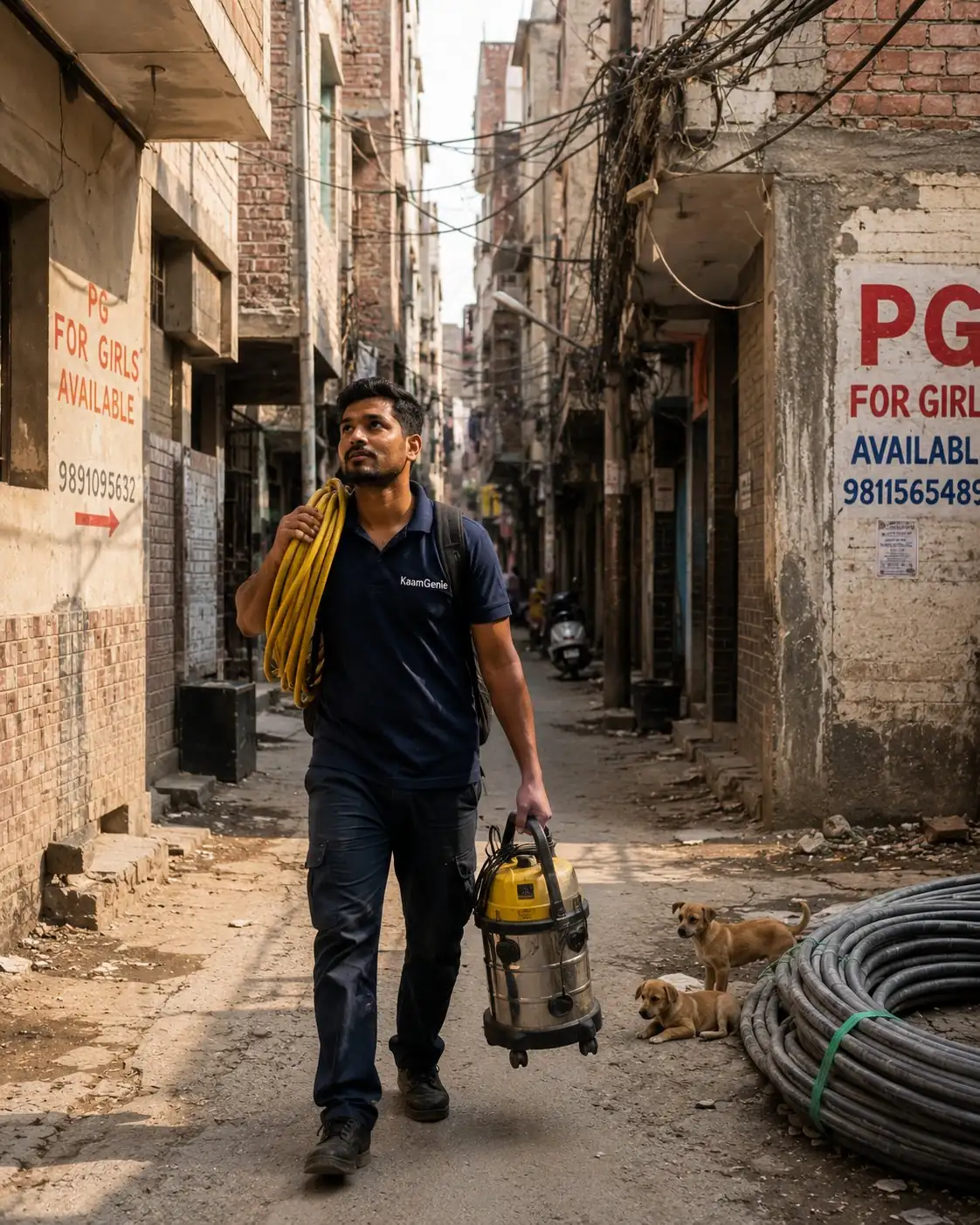 KaamGenie crew member walking through a narrow Munirka village lane with jet wash equipment to reach a PG building