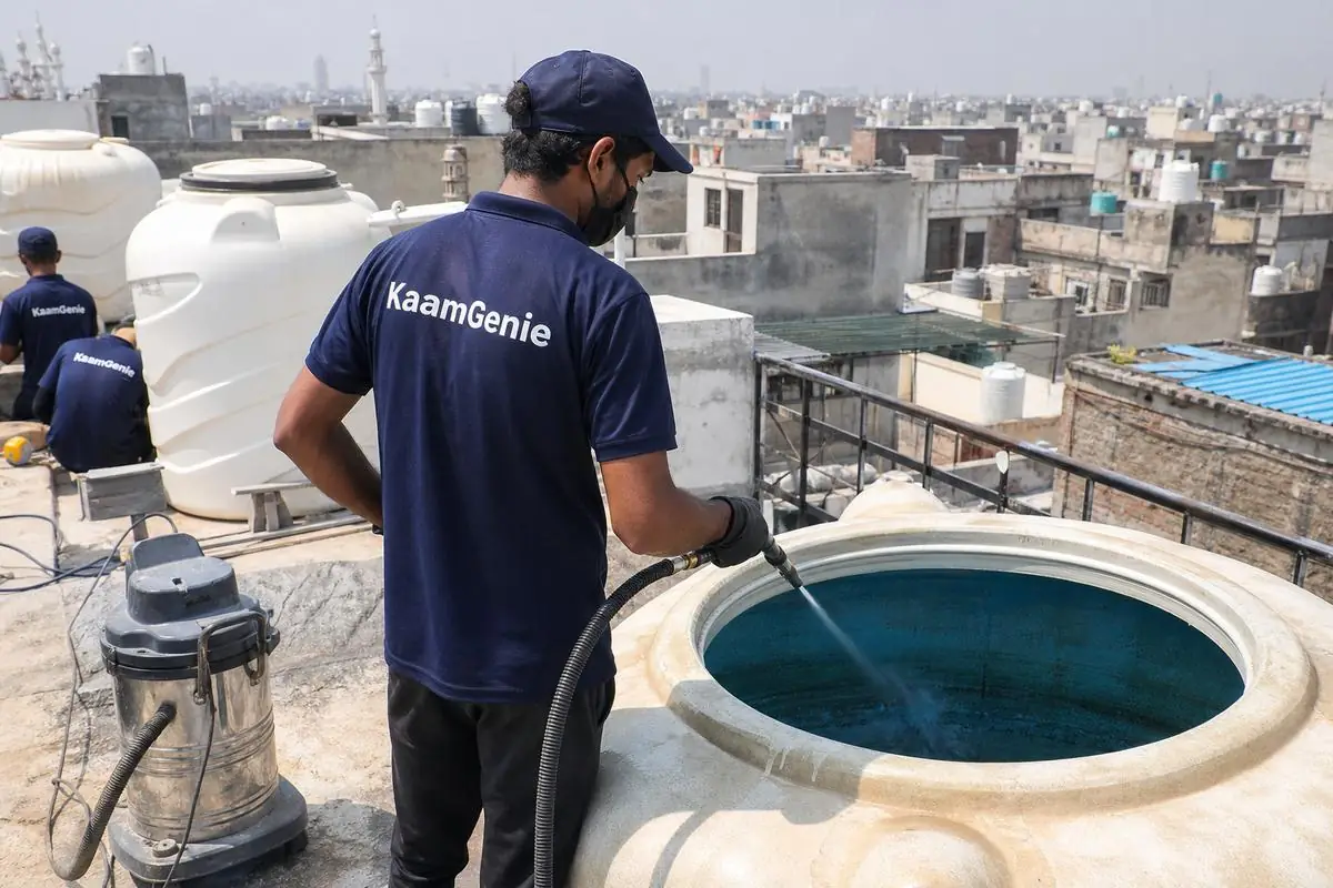 KaamGenie crew cleaning a water tank in Mustafabad, East Delhi