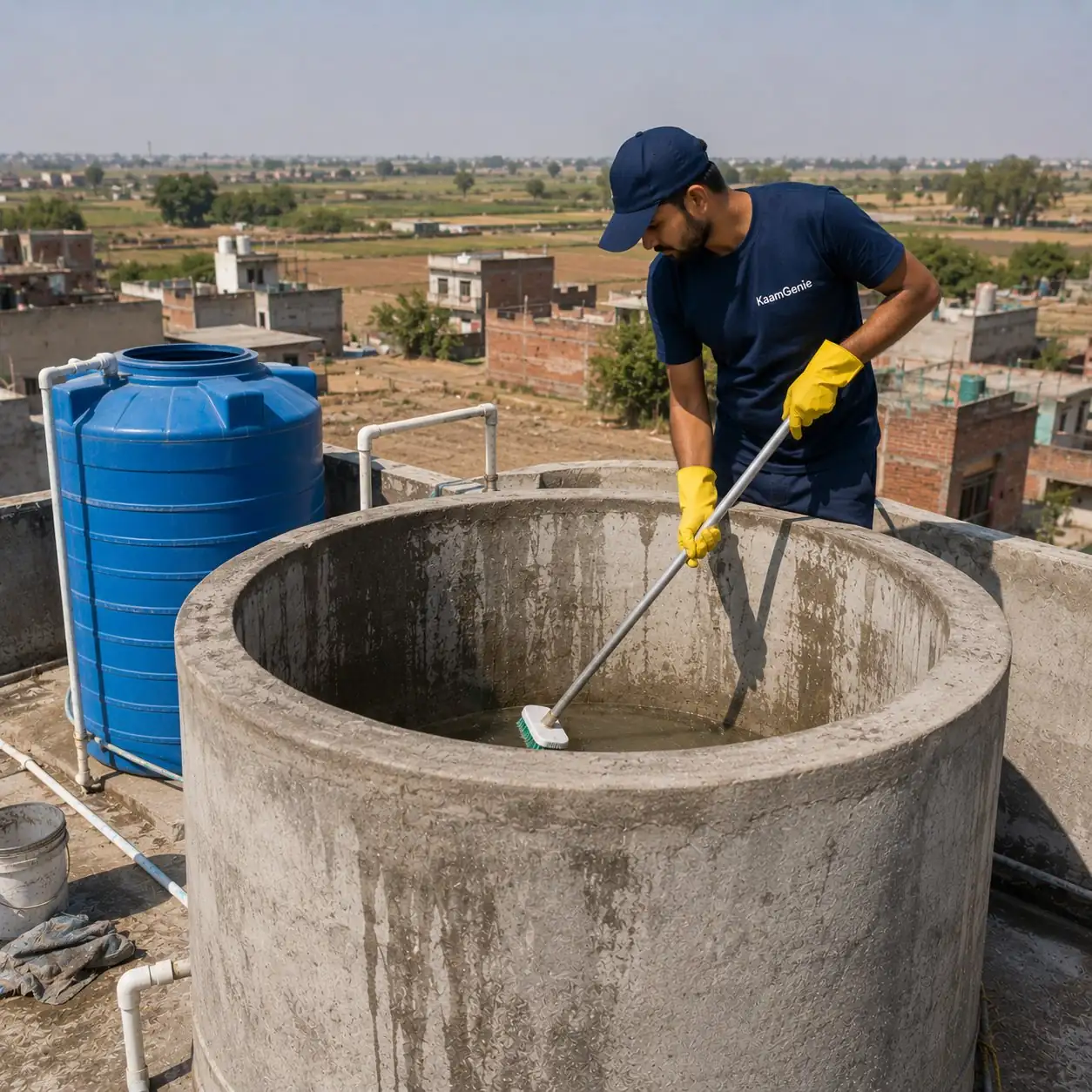 KaamGenie crew cleaning a 3000-litre concrete overhead water tank on a Najafgarh independent house rooftop, open fields visible in the distance