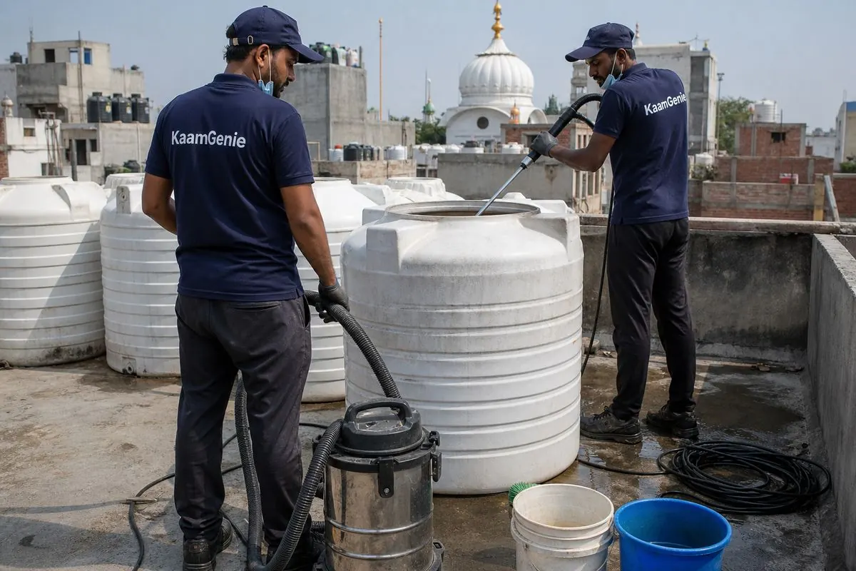 KaamGenie crew cleaning a water tank in Nanakpura, Delhi