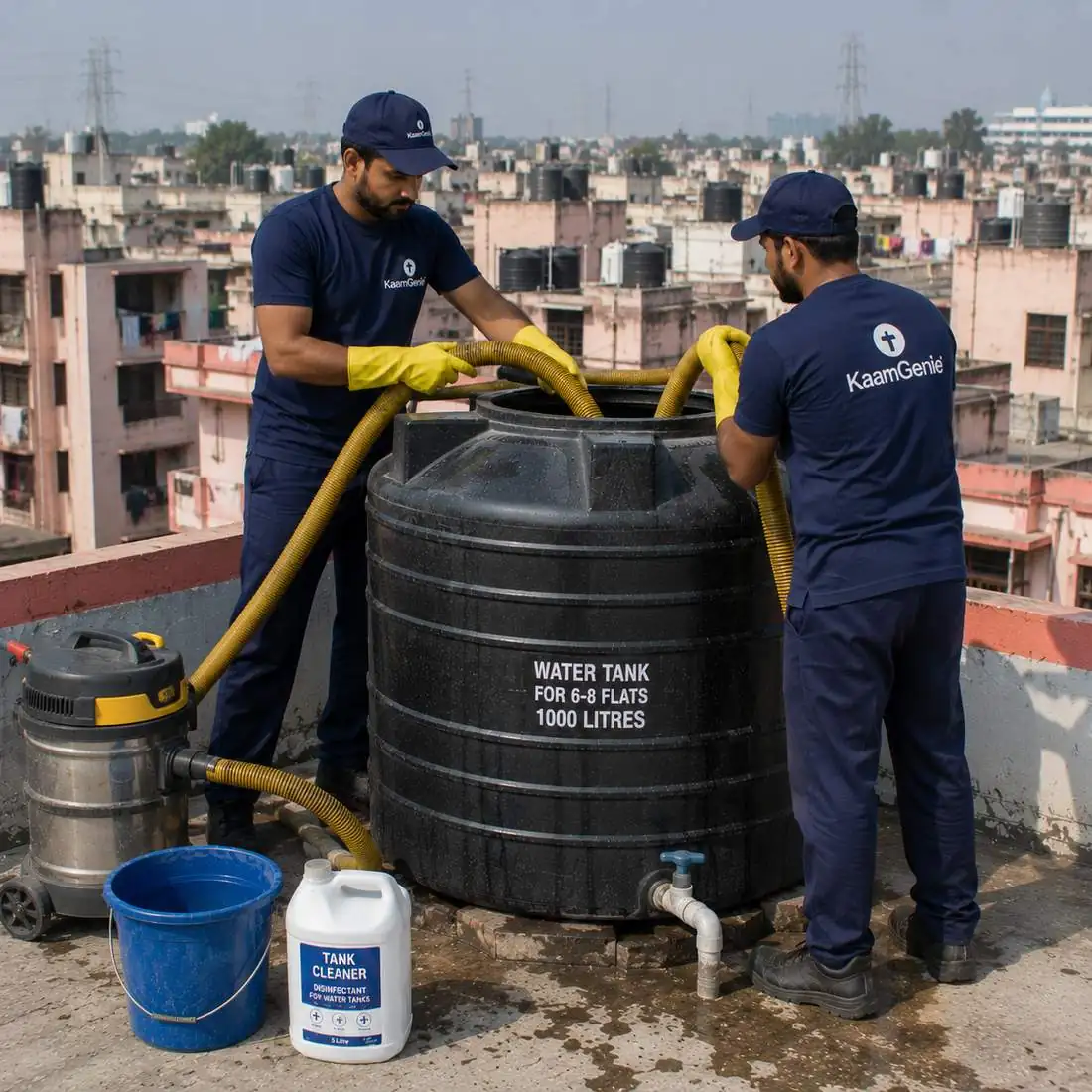 KaamGenie crew cleaning a water tank in Nand Nagri A Block, East Delhi