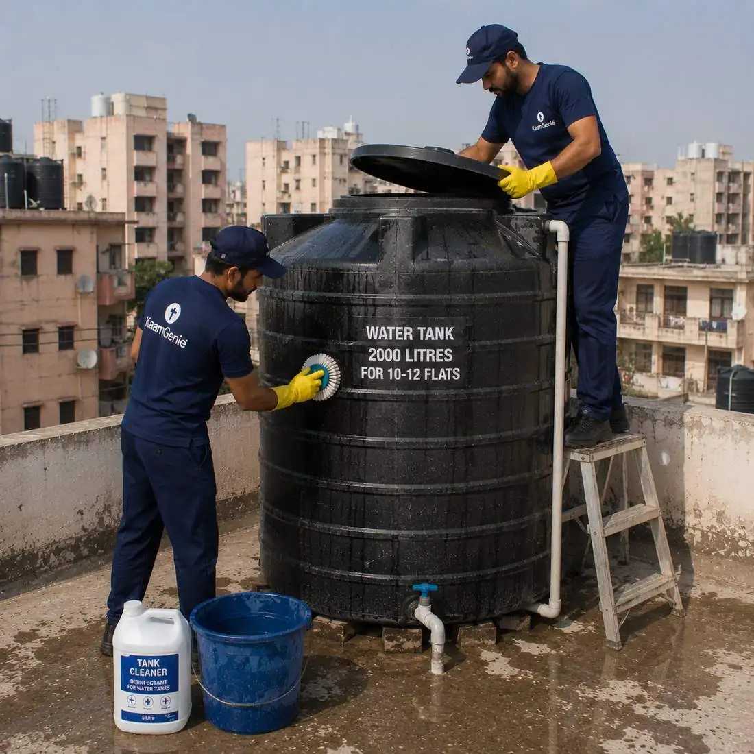 KaamGenie crew cleaning a water tank in Nand Nagri C Block, East Delhi