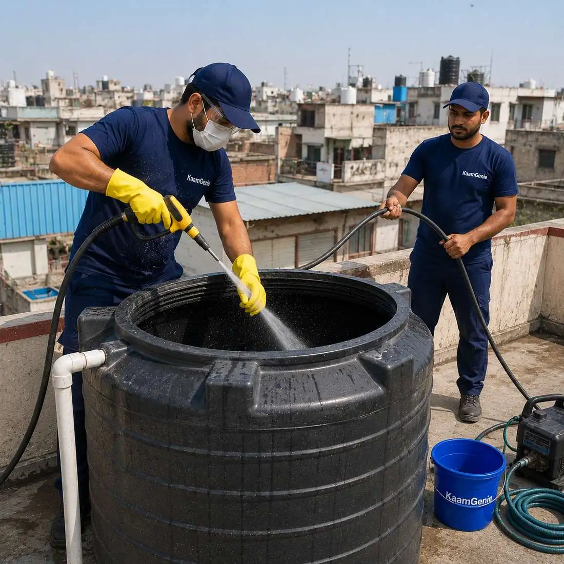 KaamGenie crew cleaning a water tank in Naraina, West Delhi