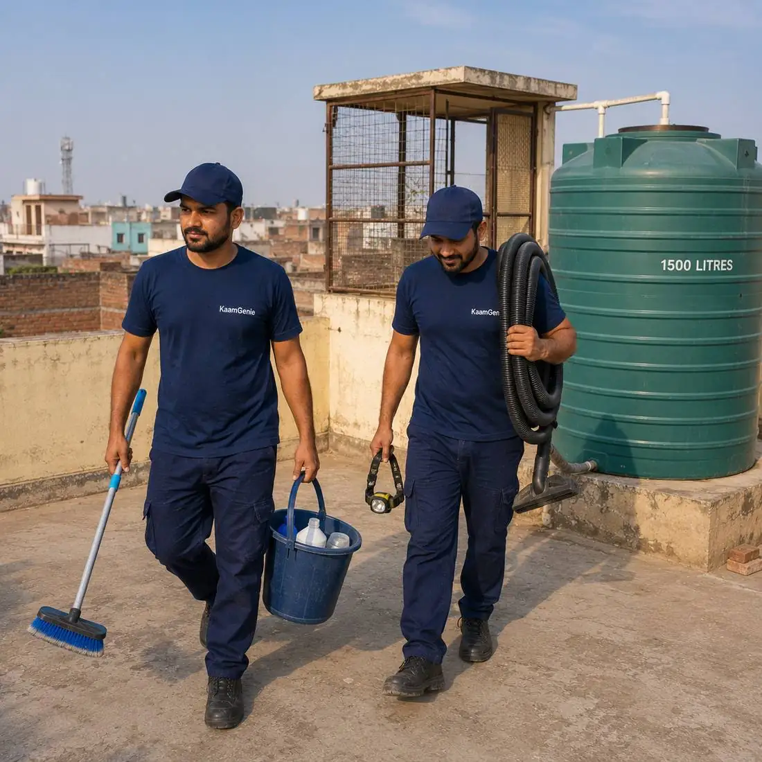 KaamGenie crew cleaning a water tank in Narela, West Delhi