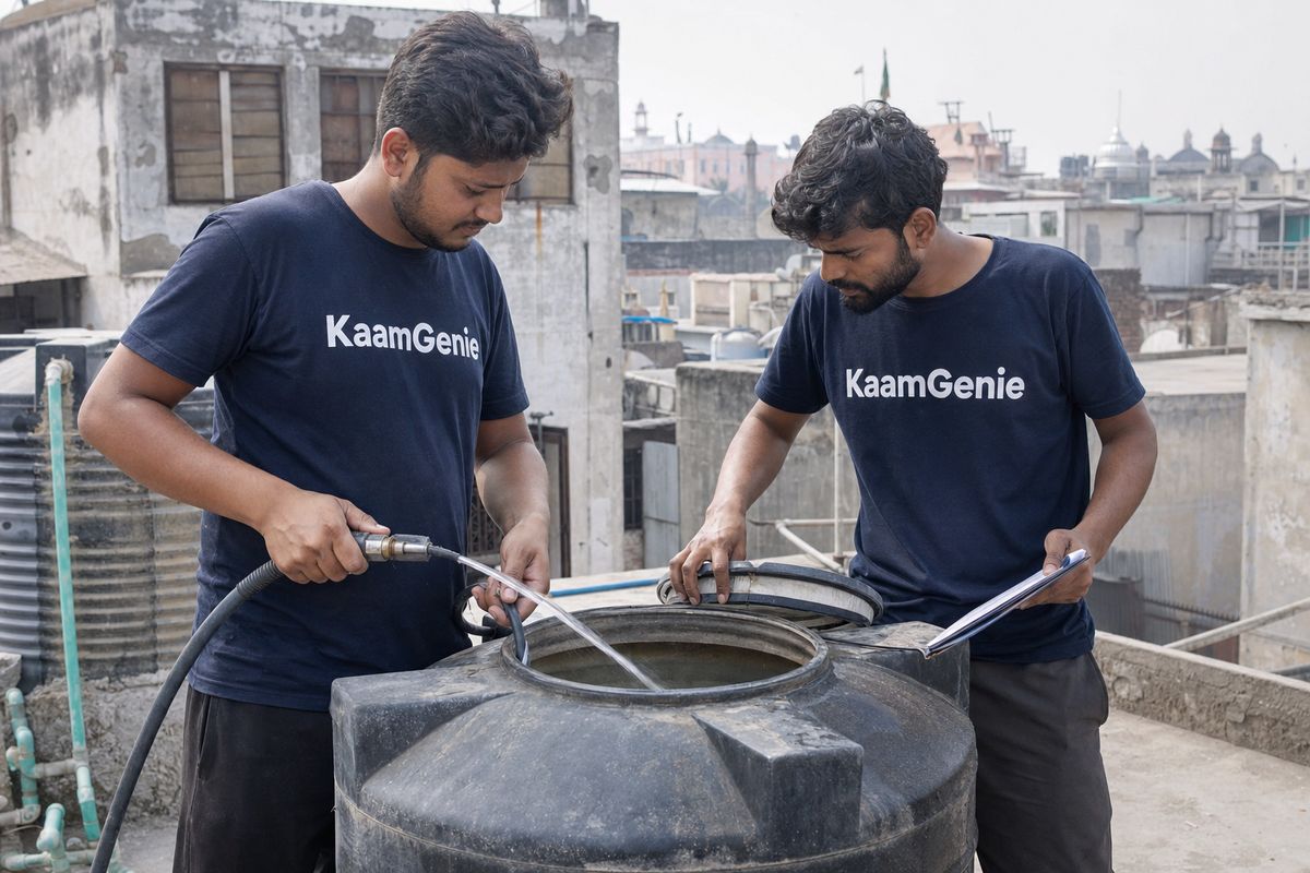 KaamGenie crew cleaning a water tank in Naya Bans, North Delhi
