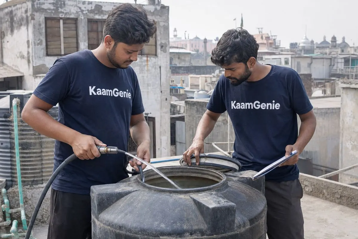 KaamGenie crew cleaning a water tank in Naya Bans, North Delhi