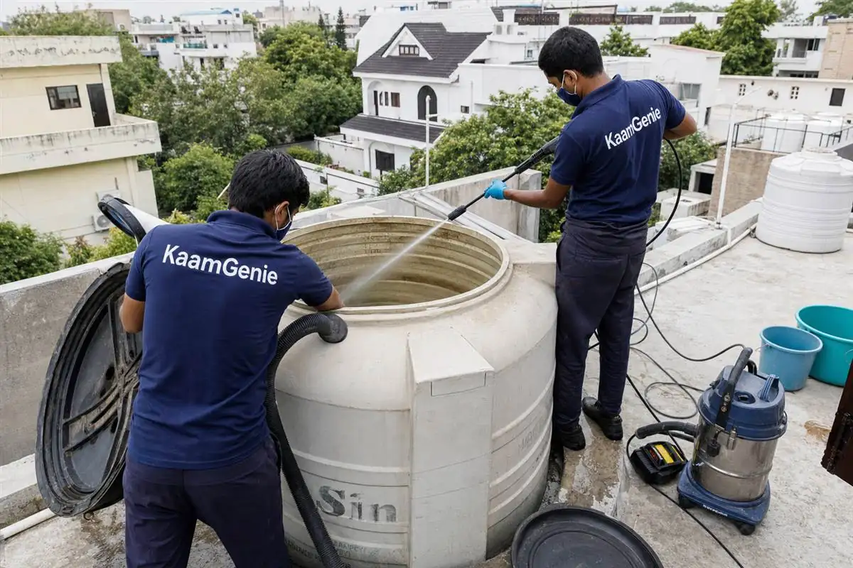 KaamGenie crew cleaning a water tank in Neb Sarai, Delhi