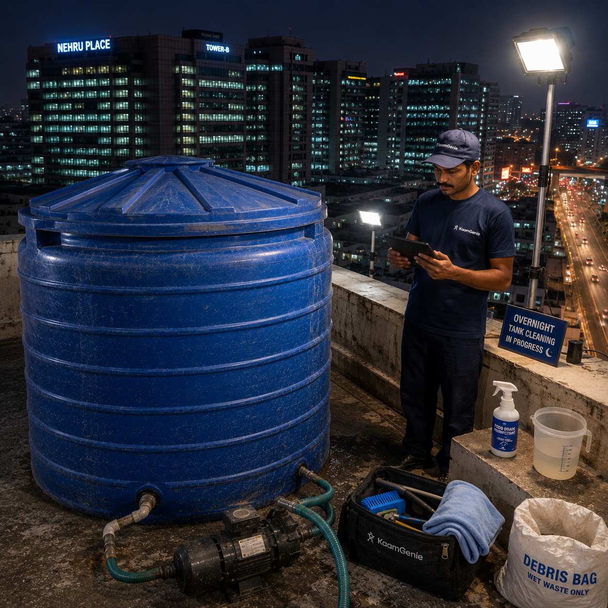 KaamGenie crew cleaning an overhead water tank on a Nehru Place rooftop in South Delhi