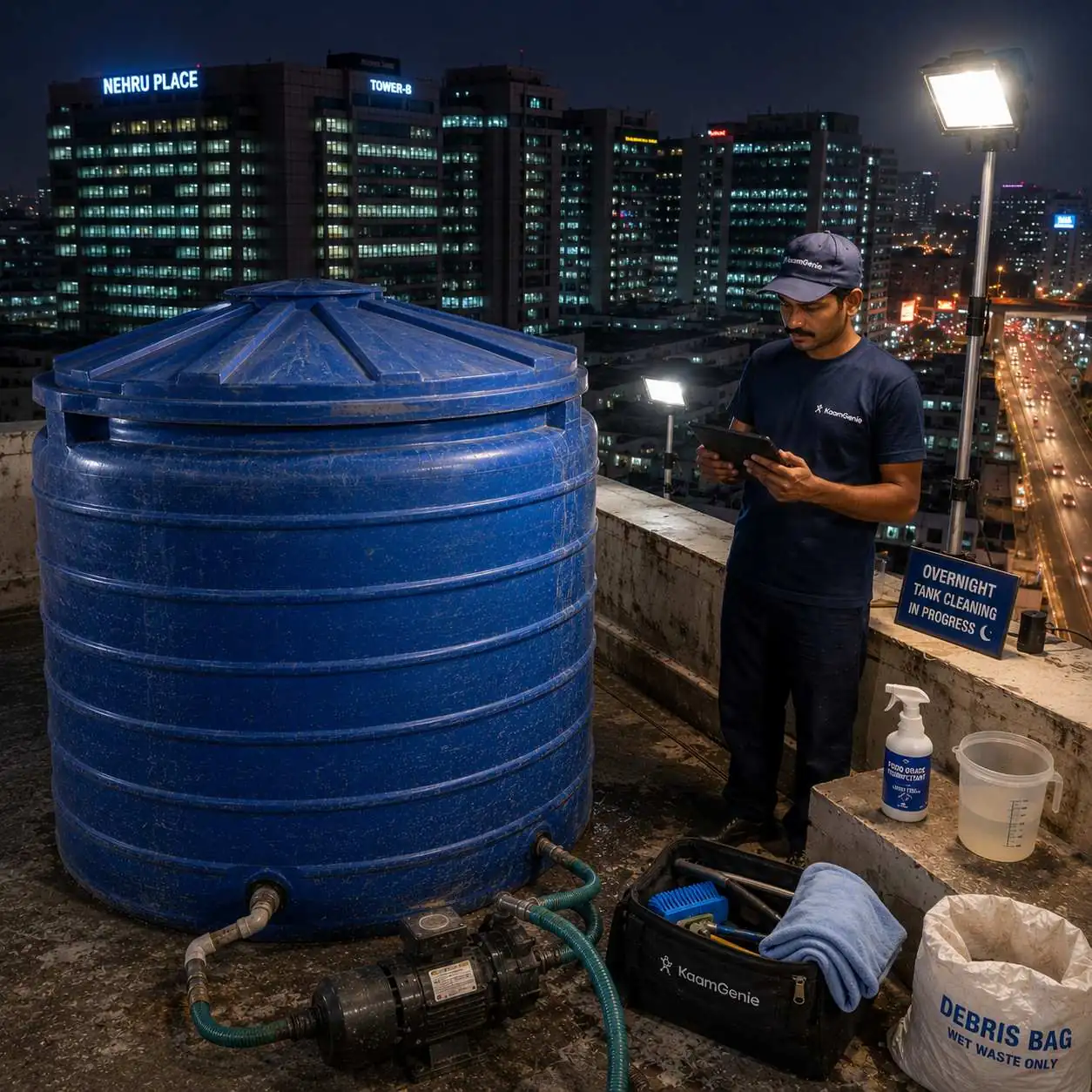 KaamGenie crew cleaning an overhead water tank on a Nehru Place rooftop in South Delhi