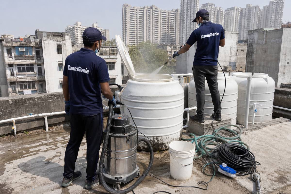 KaamGenie crew cleaning a water tank in Netaji Nagar, Delhi