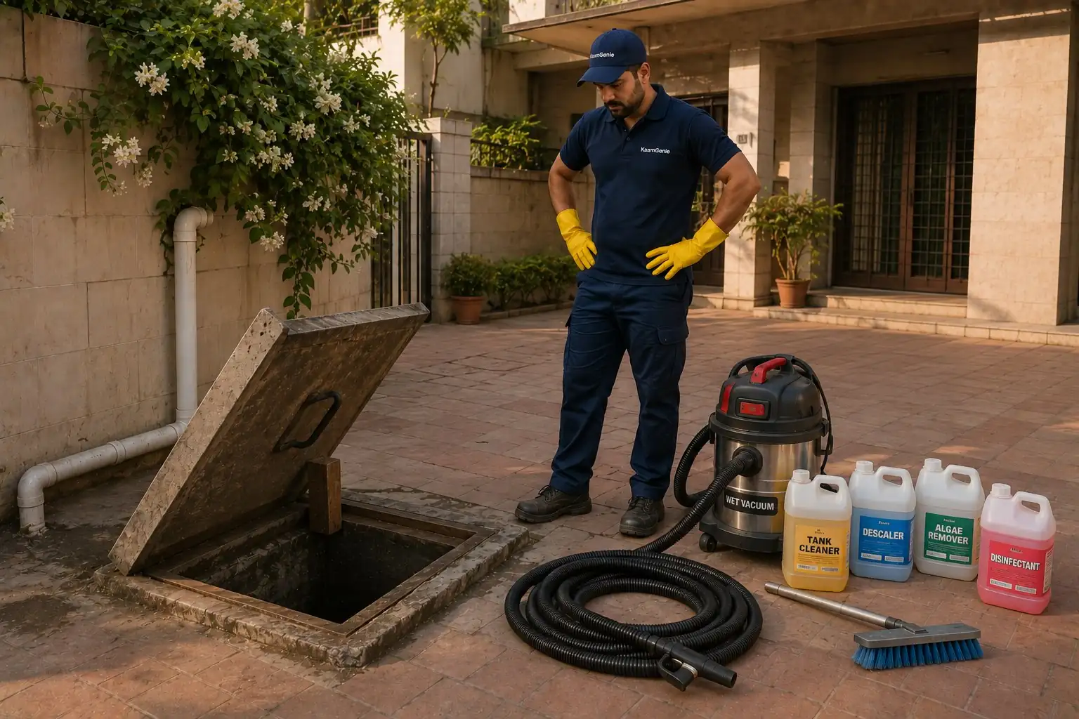 KaamGenie crew with concrete underground sump cleaning equipment in a New Friends Colony kothi driveway