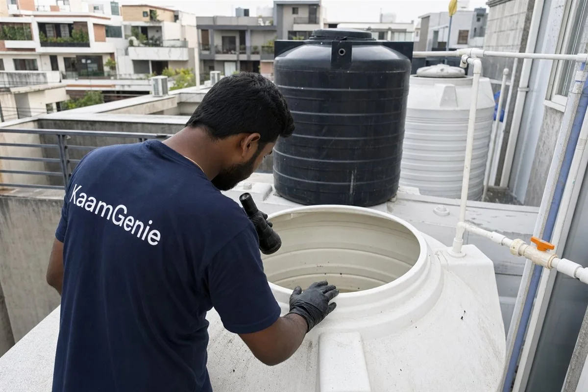 KaamGenie technician inspecting a newly built rooftop water tank at a freshly handed-over Delhi home