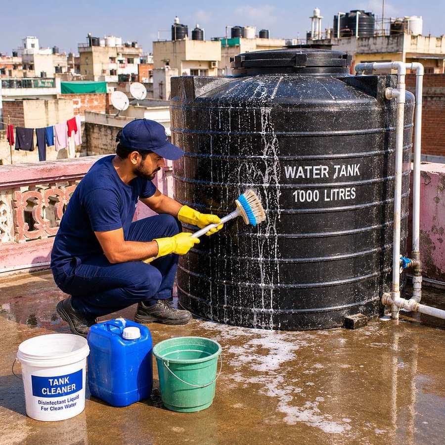 KaamGenie crew cleaning a water tank in New Usmanpur, East Delhi