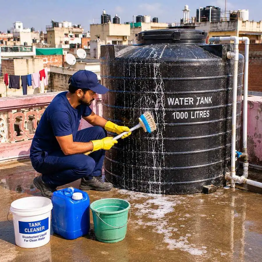 KaamGenie crew cleaning a water tank in New Usmanpur, East Delhi