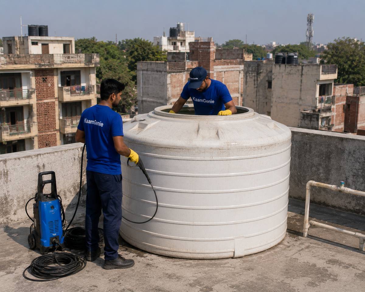 KaamGenie crew cleaning a water tank in Nimri Colony, North Delhi