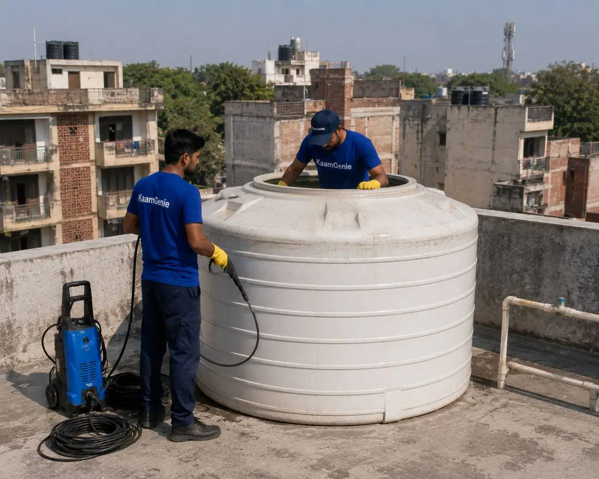 KaamGenie crew cleaning a water tank in Nimri Colony, North Delhi