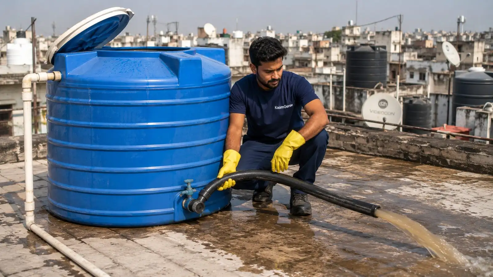 KaamGenie crew cleaning a water tank in Nirman Vihar, East Delhi
