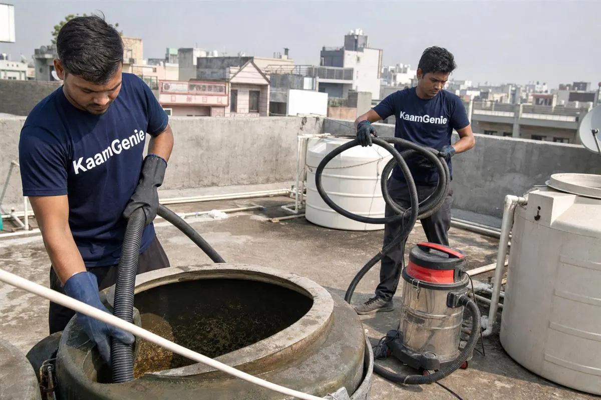 KaamGenie crew cleaning a water tank in Barola, Noida