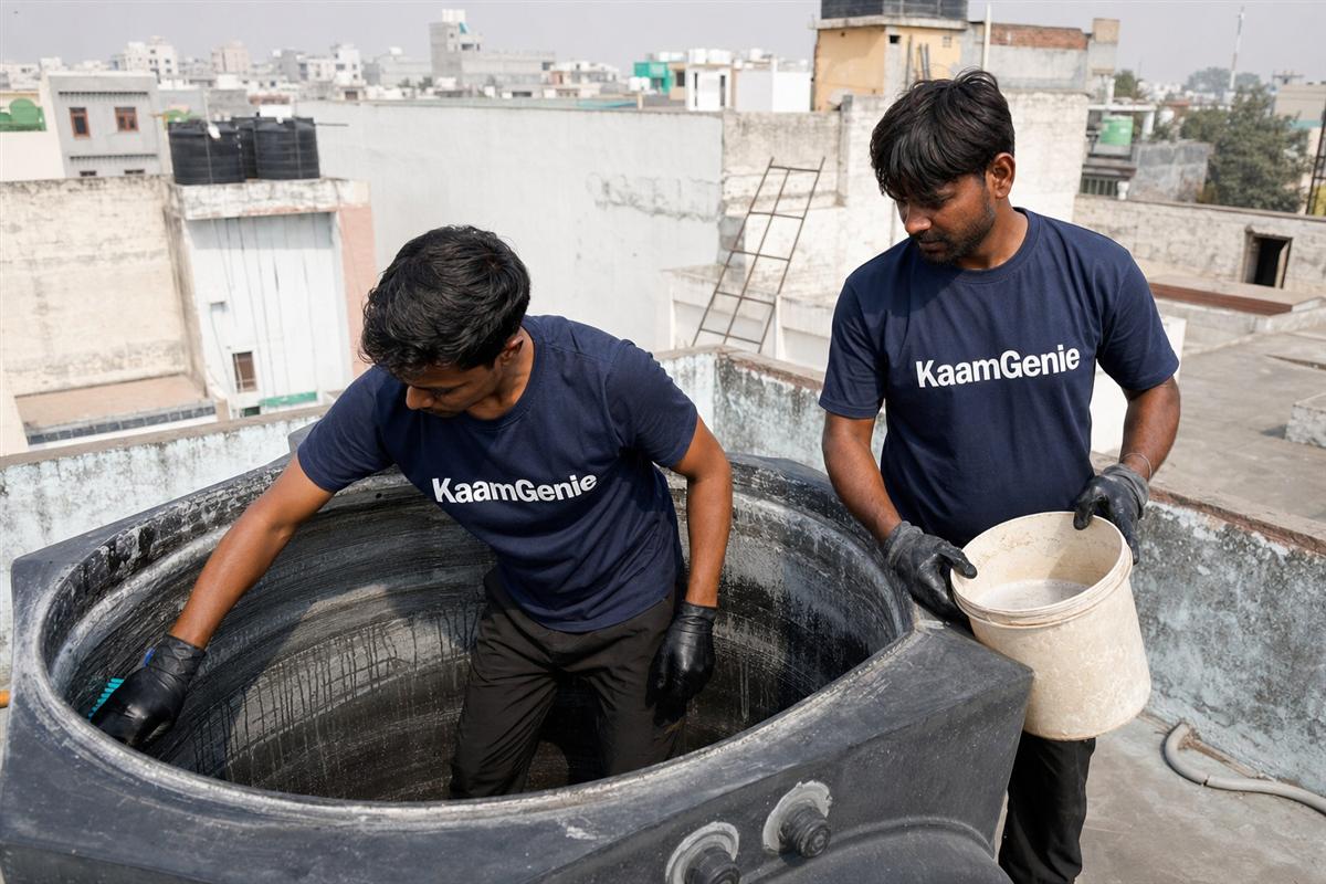 KaamGenie crew cleaning a water tank in Bhangel, Noida