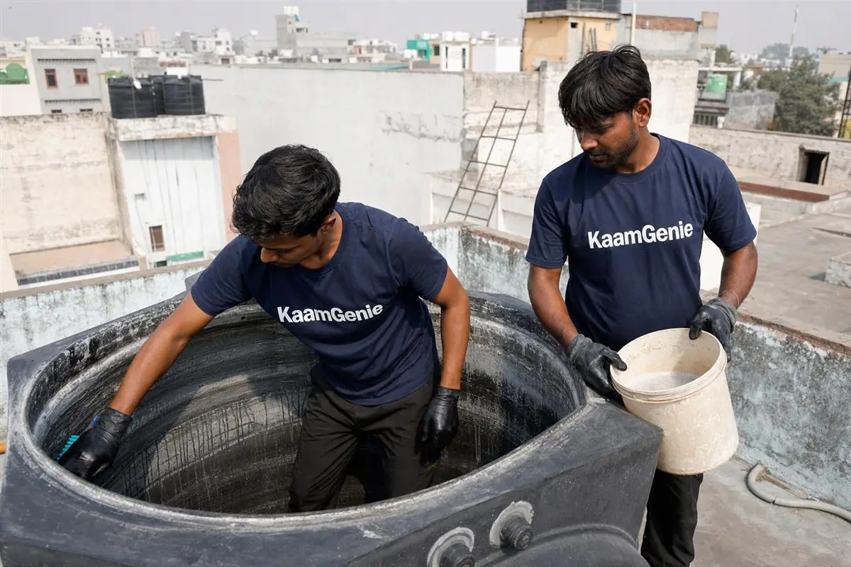 KaamGenie crew cleaning a water tank in Bhangel, Noida